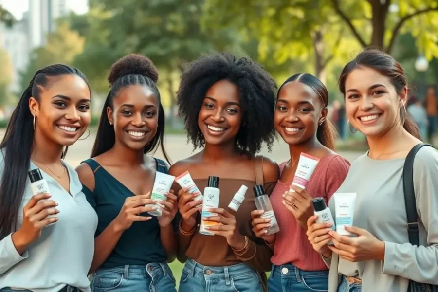 Grupo diversificado de mulheres com pele radiante em um parque urbano.