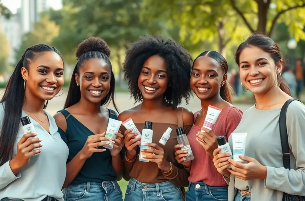 Grupo diversificado de mulheres com pele radiante em um parque urbano.