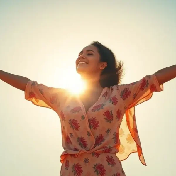 Mulher de braços abertos em um ambiente iluminado pelo sol, simbolizando a liberdade e a positividade.