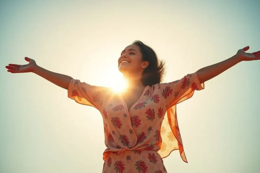 Mulher de braços abertos em um ambiente iluminado pelo sol, simbolizando a liberdade e a positividade.
