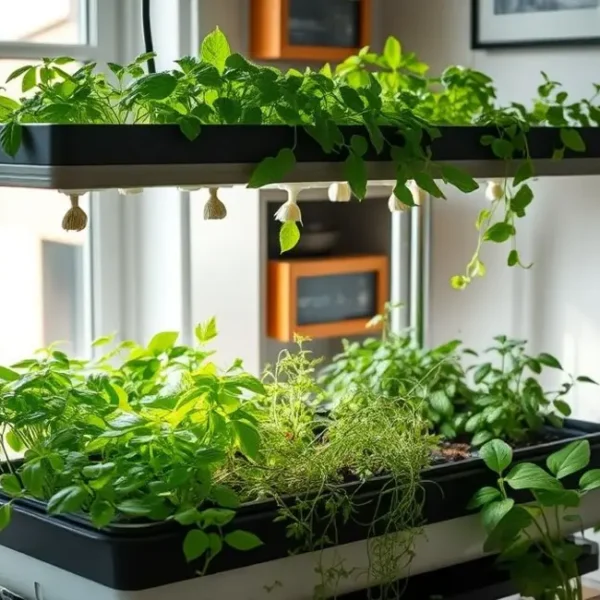 Sistema hidropônico em um ambiente acolhedor.