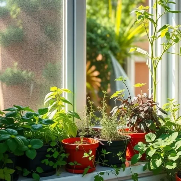 Herb pots in a bright window garden