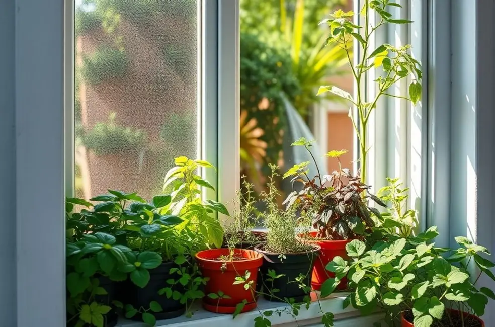 7 Ervas Aromáticas para Cultivar na sua Horta de Temperos em Casa 8 Herb pots in a bright window garden
