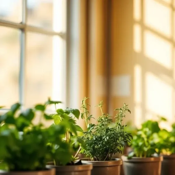 Ervas frescas em vasos coloridos próximos a uma janela de cozinha.