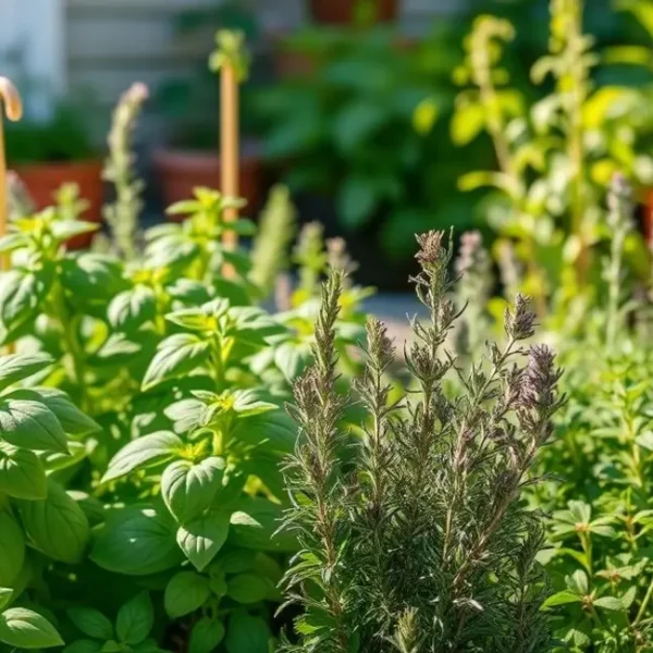 Uma horta caseira de temperos vibrante e fresca.