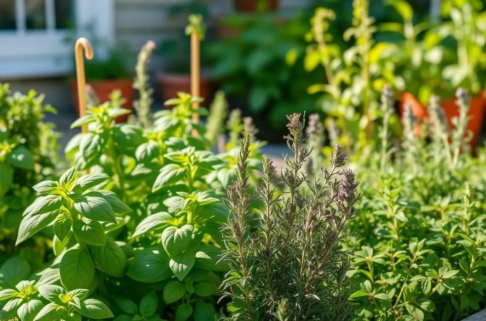 Uma horta caseira de temperos vibrante e fresca.