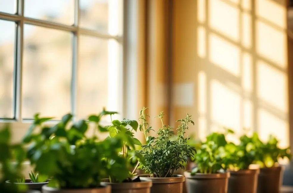 7 Ervas para Cultivar em Espacos Pequenos e Sustentaveis 8 Ervas frescas em vasos coloridos próximos a uma janela de cozinha.