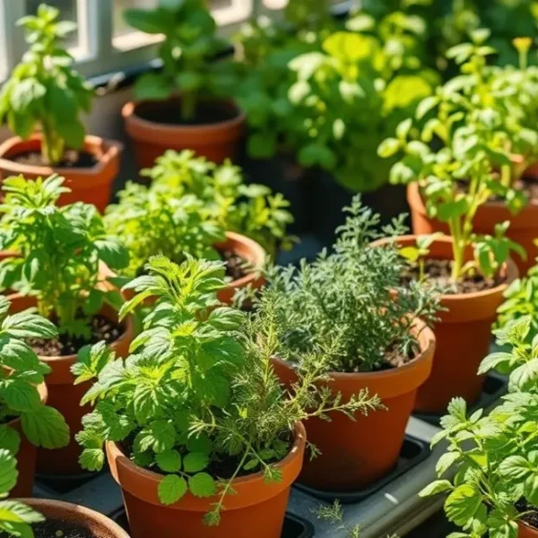 Um belo jardim de ervas em casa iluminado pelo sol.