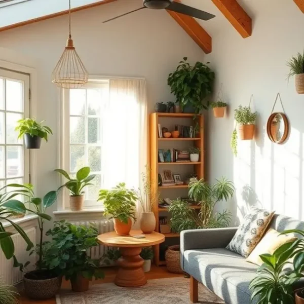 Casa harmoniosa, cheia de luz e plantas, simbolizando o bem-estar.