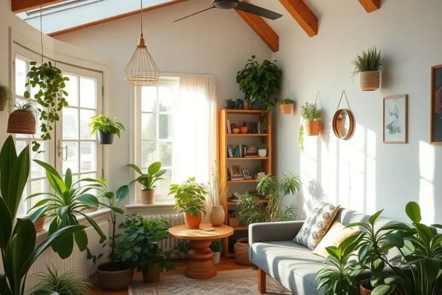 Casa harmoniosa, cheia de luz e plantas, simbolizando o bem-estar.