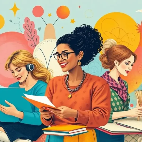 Grupo de mulheres envolvidas em atividades criativas, ilustrando o conceito de ócio criativo.