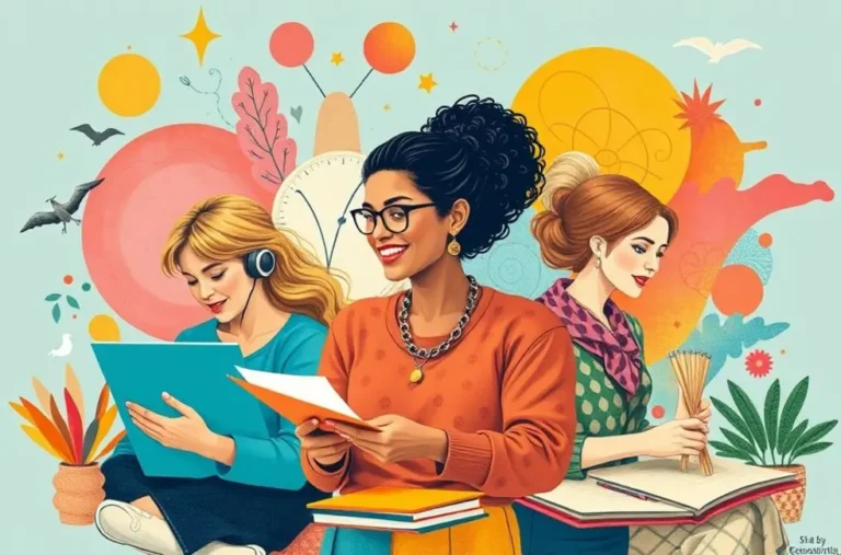 Grupo de mulheres envolvidas em atividades criativas, ilustrando o conceito de ócio criativo.
