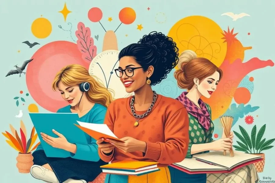 Grupo de mulheres envolvidas em atividades criativas, ilustrando o conceito de ócio criativo.