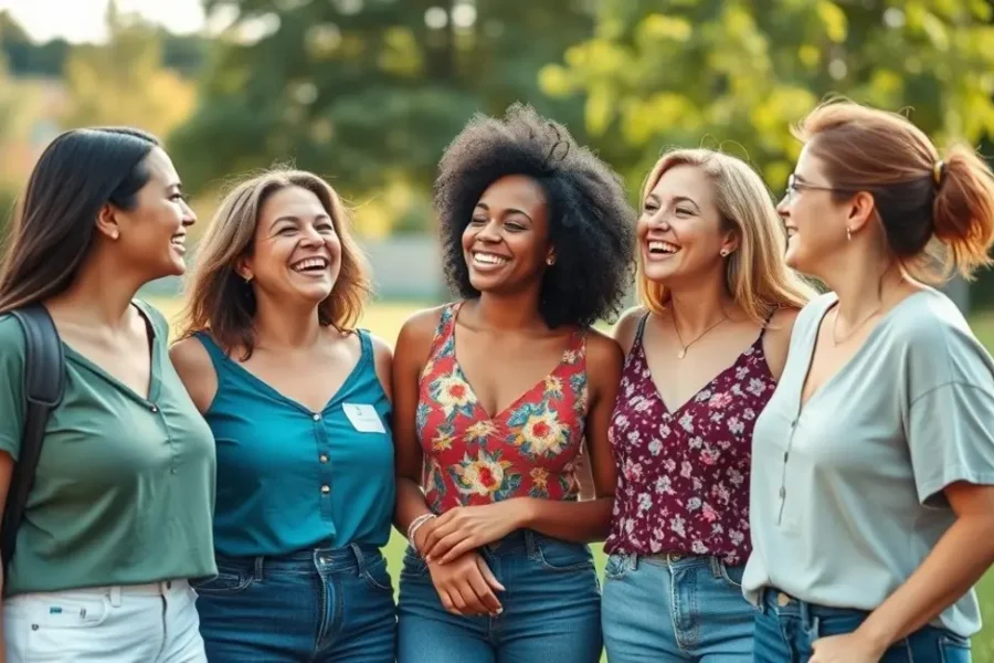 Mulheres sorrindo e se divertindo juntas, simbolizando amizades saudáveis.