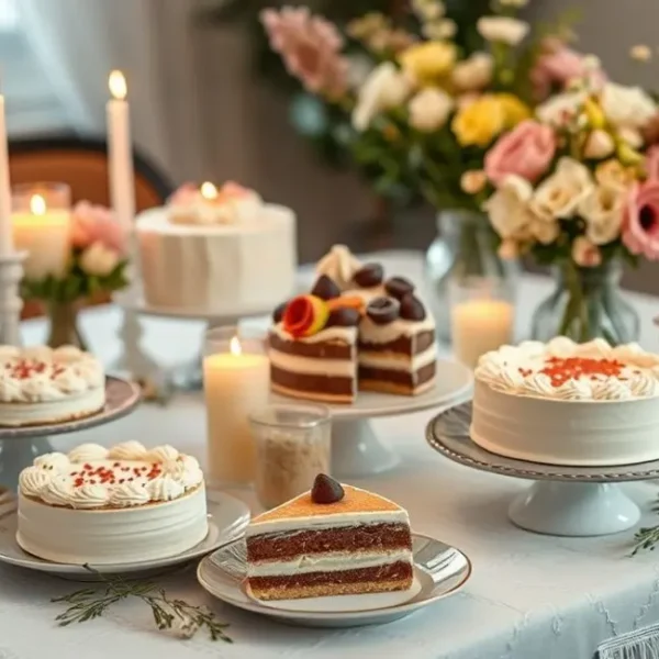 Uma mesa decorada com diferentes bolos sem lactose.