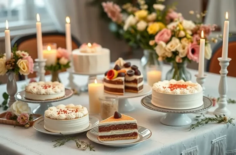 Uma mesa decorada com diferentes bolos sem lactose.