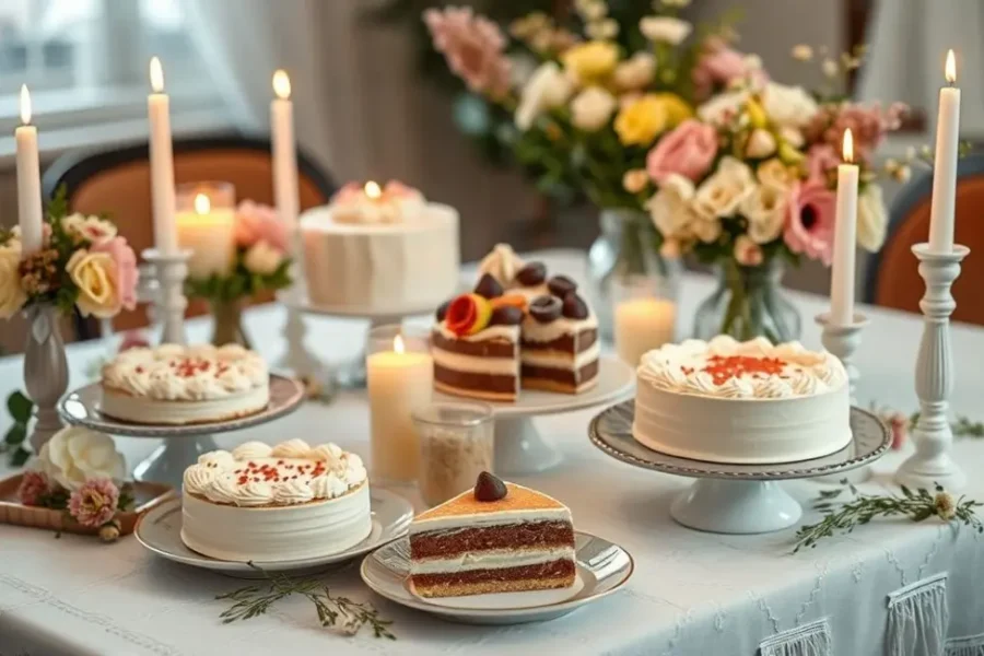 Uma mesa decorada com diferentes bolos sem lactose.