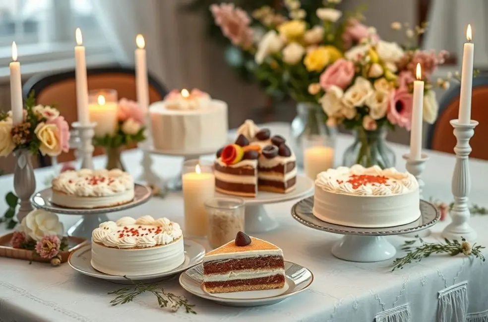 7 Receitas de Bolos Sem Lactose para Impressionar suas Visitas 8 Uma mesa decorada com diferentes bolos sem lactose.