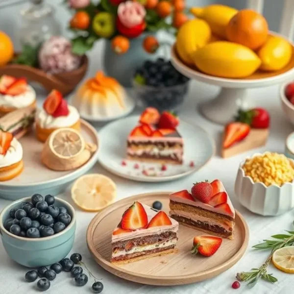 Mesa cheia de doces low carb vibrantes e ingredientes saudáveis.