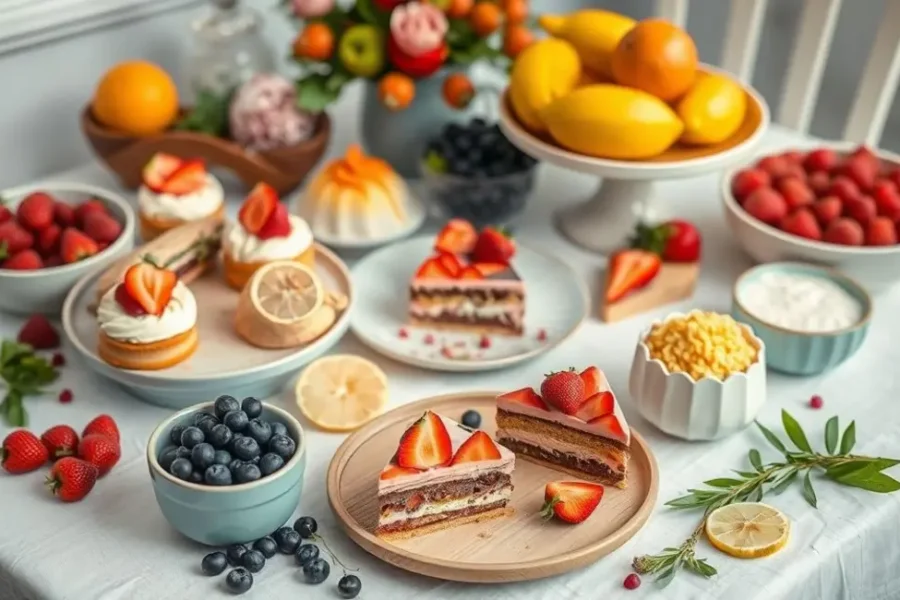 Mesa cheia de doces low carb vibrantes e ingredientes saudáveis.
