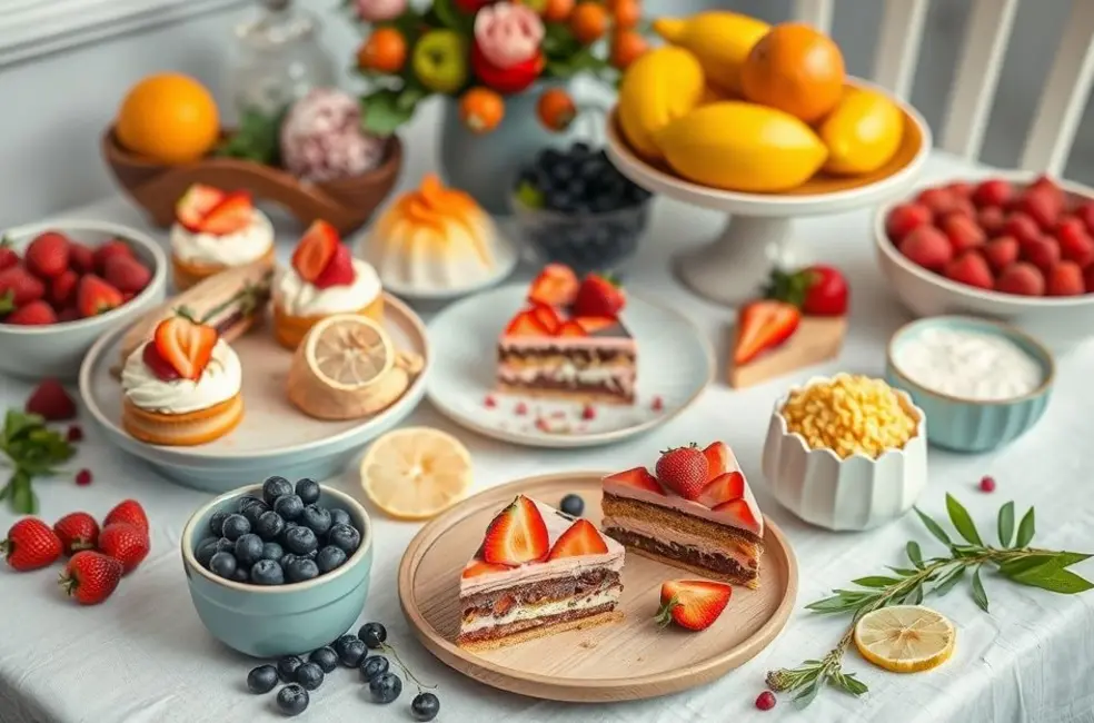 7 Doces Low Carb Irresistíveis Para Adoçar sua Dieta 8 Mesa cheia de doces low carb vibrantes e ingredientes saudáveis.