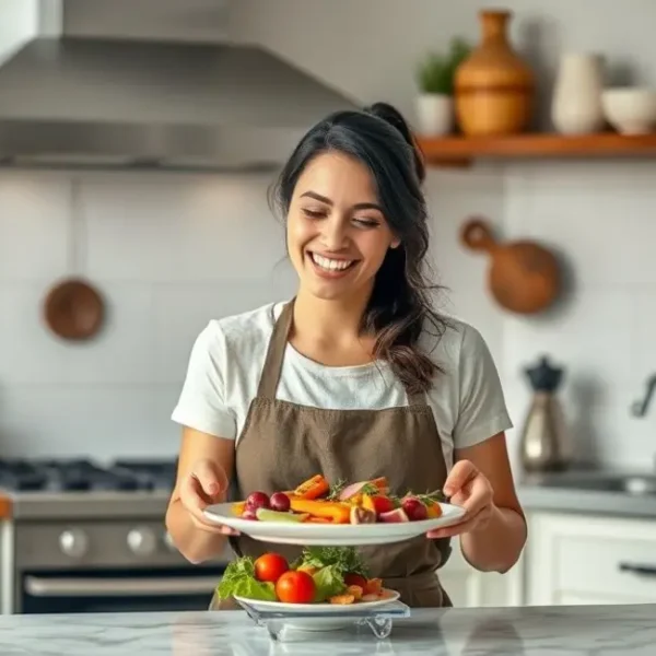 Mulher organizando um prato de comida alegremente para fotografia.