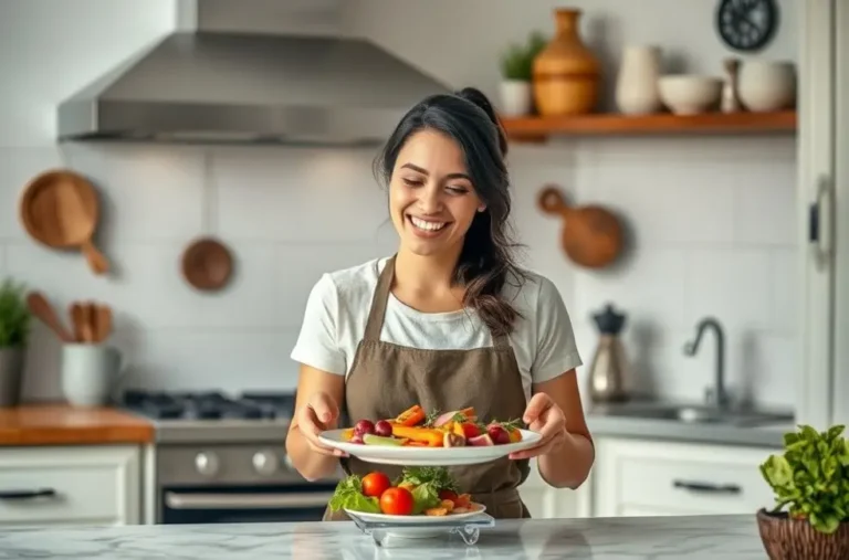 Mulher organizando um prato de comida alegremente para fotografia.