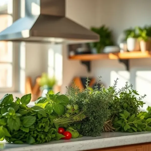 Cozinha aconchegante recheada de ervas frescas.