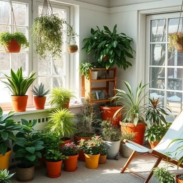 Jardim de inverno com plantas diversas e cadeira aconchegante