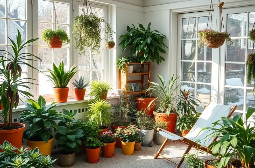 Jardim de inverno com plantas diversas e cadeira aconchegante