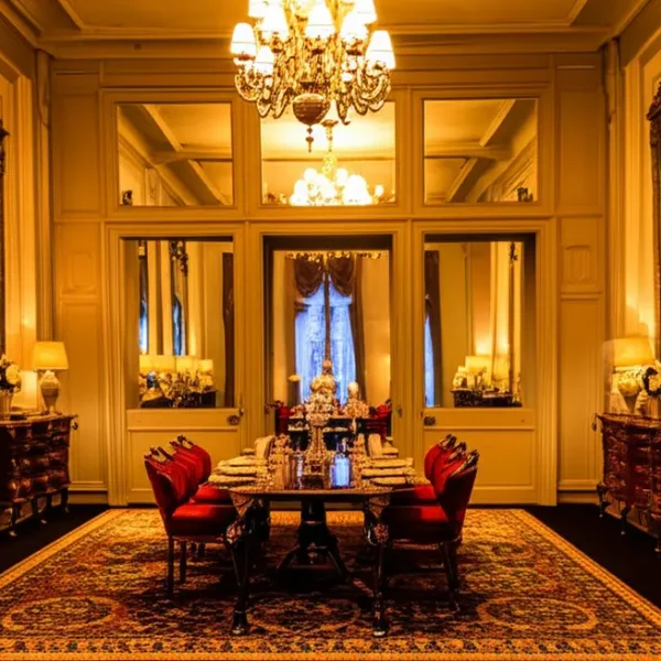 Quarto decorado com espelhos refletindo um ambiente acolhedor.