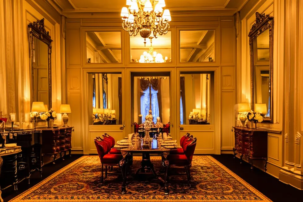 Quarto decorado com espelhos refletindo um ambiente acolhedor.