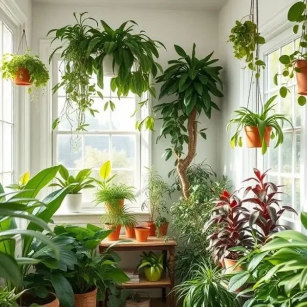 Ambiente doméstico acolhedor com várias plantas saudáveis, evoca sensação de paz e bem-estar.