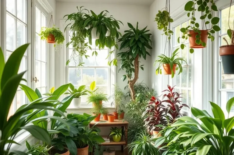 Ambiente doméstico acolhedor com várias plantas saudáveis, evoca sensação de paz e bem-estar.
