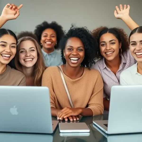 Grupo de mulheres felizes após uma entrevista online.