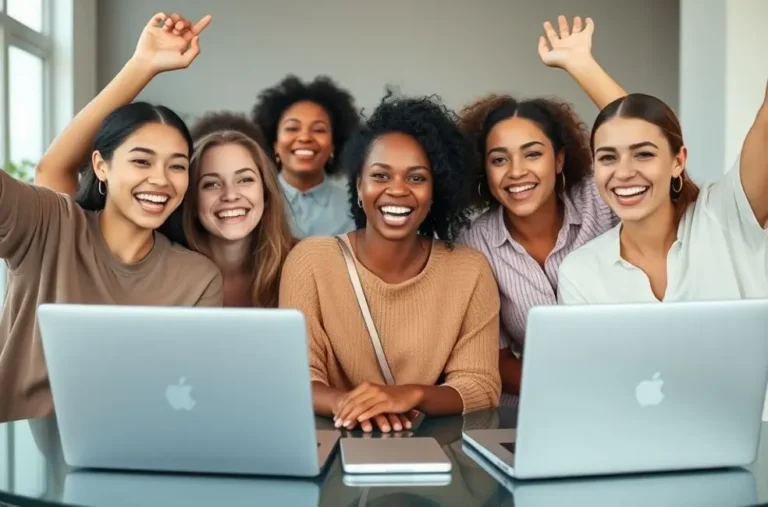 Grupo de mulheres felizes após uma entrevista online.