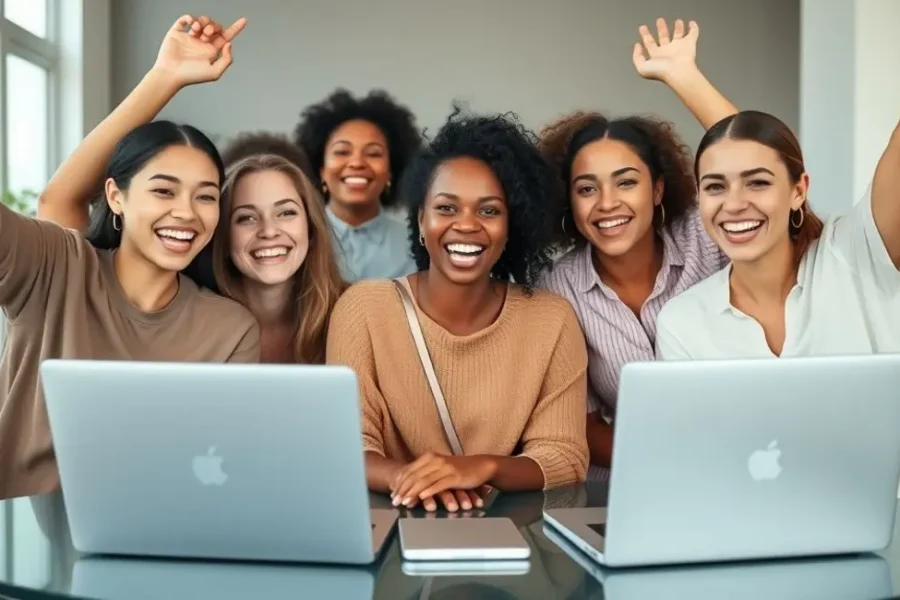 Grupo de mulheres felizes após uma entrevista online.