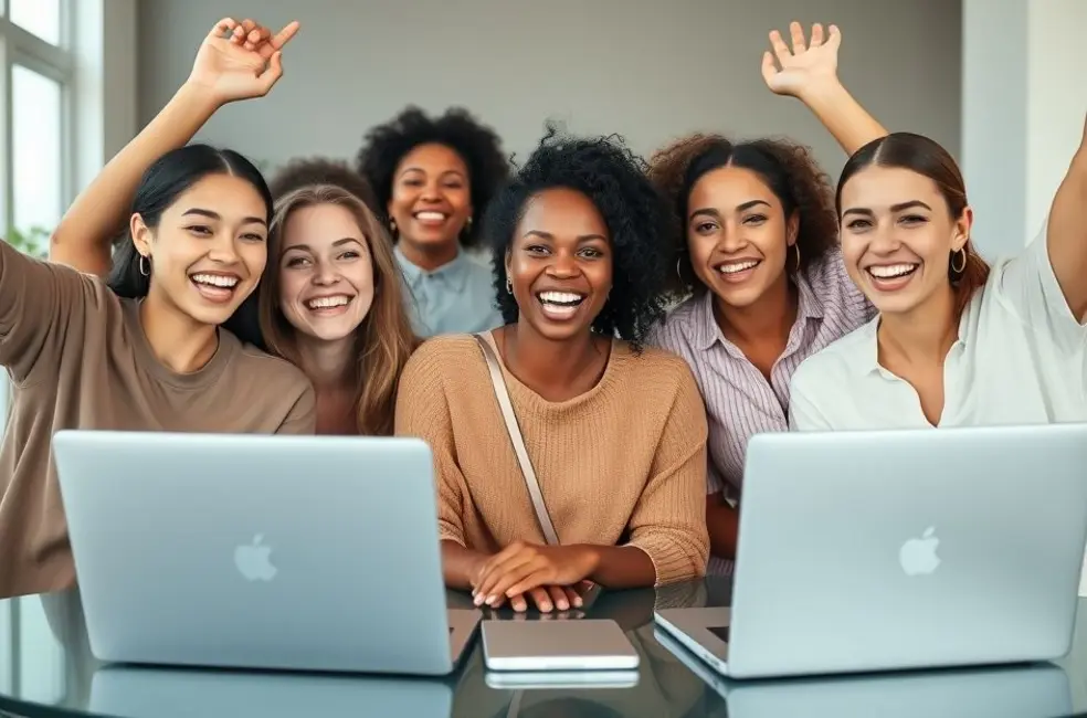 7 Dicas Imperdíveis para Brilhar em Entrevistas Online e Conquistar sua Vaga dos Sonhos 8 Grupo de mulheres felizes após uma entrevista online.