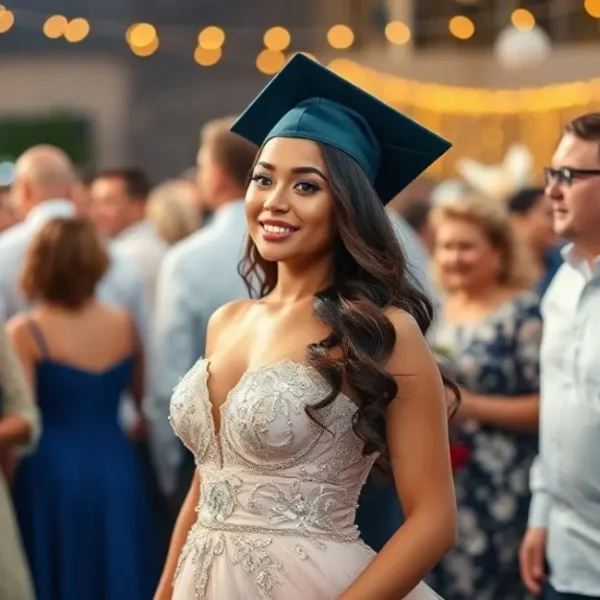 Mulher sorridente em festa de formatura com um vestido deslumbrante.