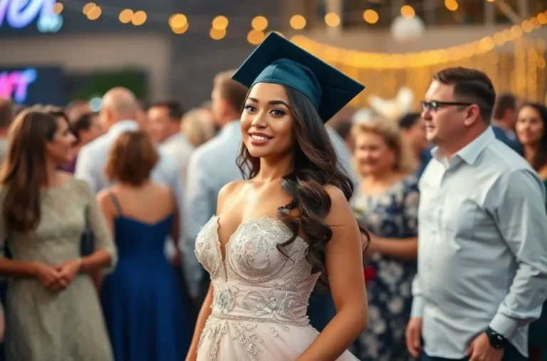 Mulher sorridente em festa de formatura com um vestido deslumbrante.