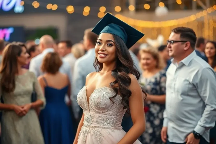 Mulher sorridente em festa de formatura com um vestido deslumbrante.