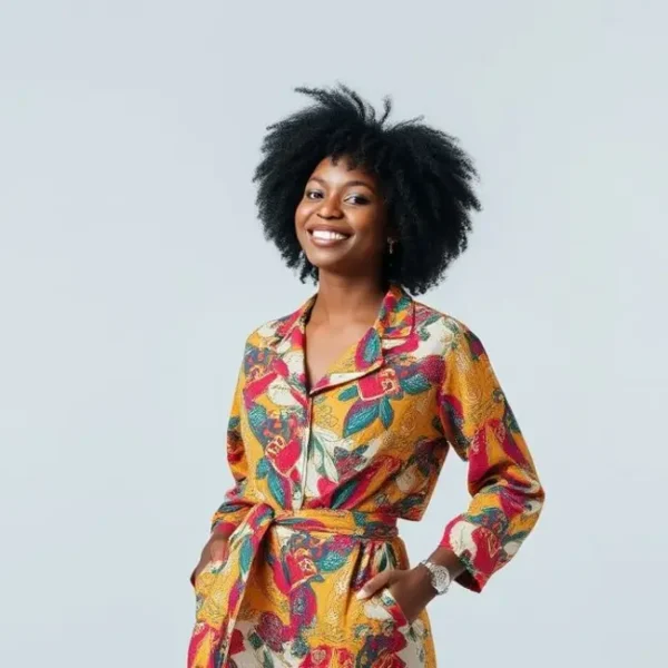 Mulher alegre mostrando seu estilo pessoal colorido e confiante.