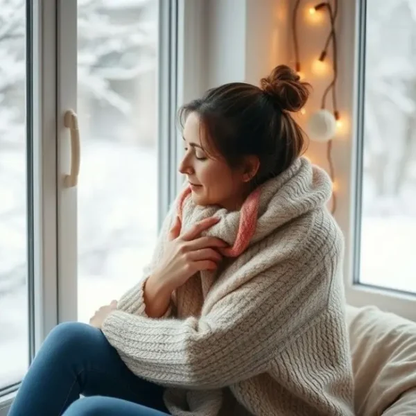 Mulher cuidando da pele com locão em um ambiente aconchegante durante o inverno