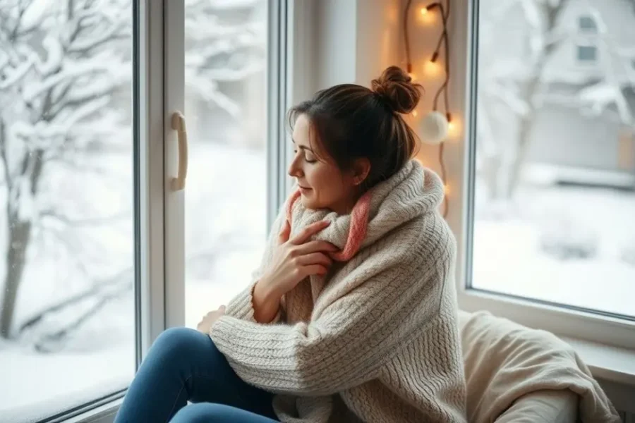Mulher cuidando da pele com locão em um ambiente aconchegante durante o inverno