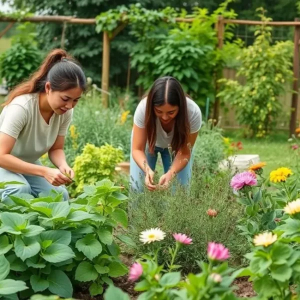 Mulheres em um jardim colaborando e plantando juntas.