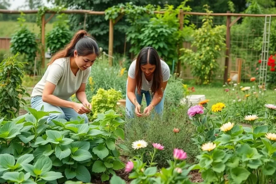 Mulheres em um jardim colaborando e plantando juntas.