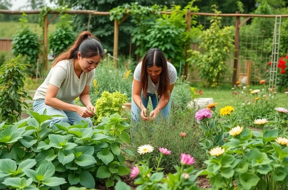 7 Maneiras de Cultivar Plantas e Transformar Seu Espaço com Jardinagem Sustentável 8 Mulheres em um jardim colaborando e plantando juntas.