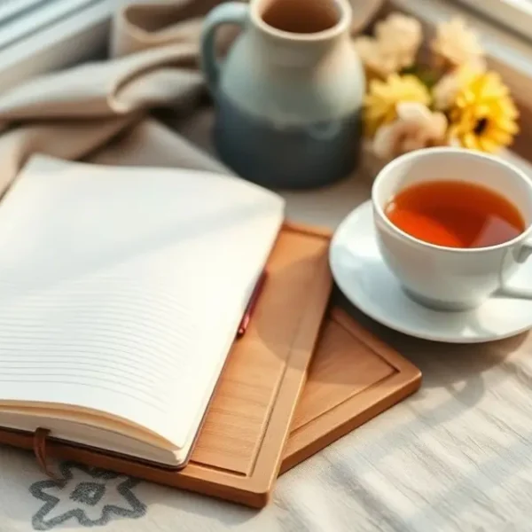Café da manhã aconchegante com diário e chá, simbolizando hábitos matinais saudáveis.