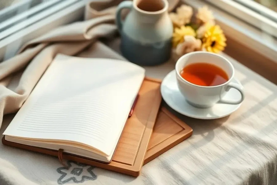 Café da manhã aconchegante com diário e chá, simbolizando hábitos matinais saudáveis.