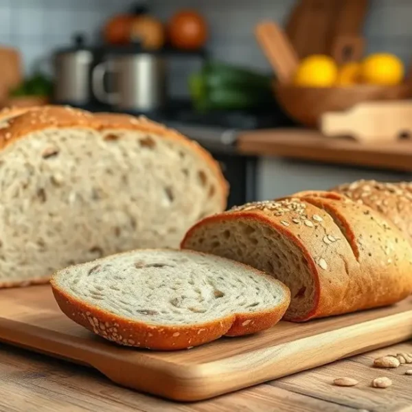 Uma mesa de cozinha com pães low carb e ingredientes frescos.